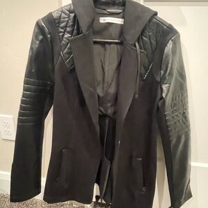 Blanc Noir Women's Black Blazer with Quilted Leather Sleeves